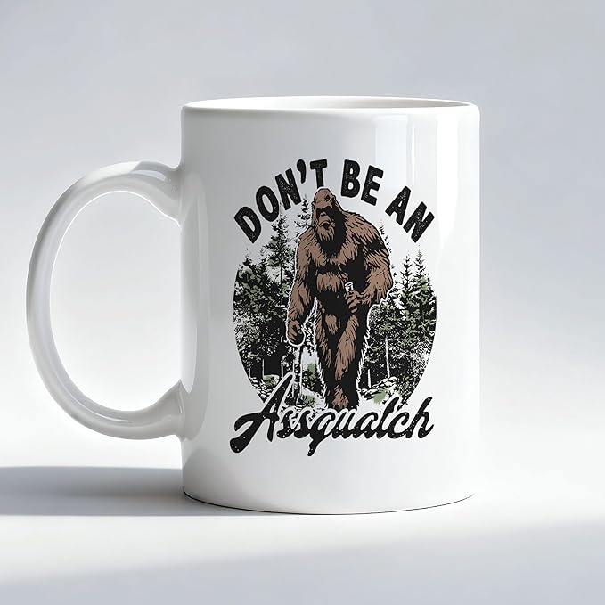 Retro Forest Funny Bigfoot Mug, Big Foot Sasquatch Gifts Coffee Cup, Gifts for Camping Hiking Lovers, Don't Be an Assquatch Sarcastic Ceramic Coffee Mug 11 oz
