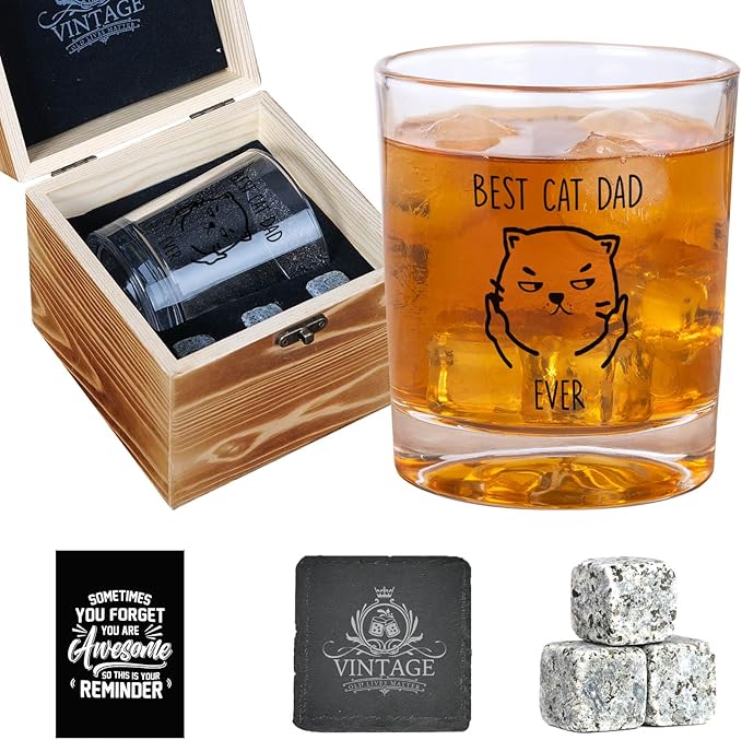 Ithmahco Cat Dad Gifts for Men, Cat Lover Gifts for Men, Funny Whiskey Set for Cats Lovers Man Christmas Birthday, Christmas Cats Themed Whiskey Gift for Man