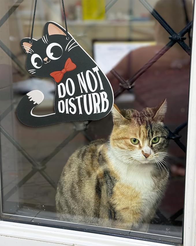 Putuo Decor Do Not Disturb Sign Welcome Please Knock, Cute Cat Door Sign Decor Reversible Double Sided Aesthetic Hanger Plaque for Room Front Door Porch Home Decor, Cat Lover Gifts Black