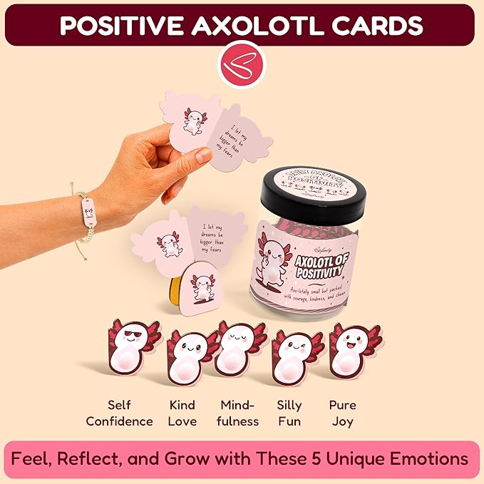 Stofinity Positive Axolotl Gifts For Girls - Fun Back To School Gifts For Kids Teens, Cute Secret Santa Gift For Women Friend, Tiny Axolotl Card For Birthday, Christmas, Valentine, Easter