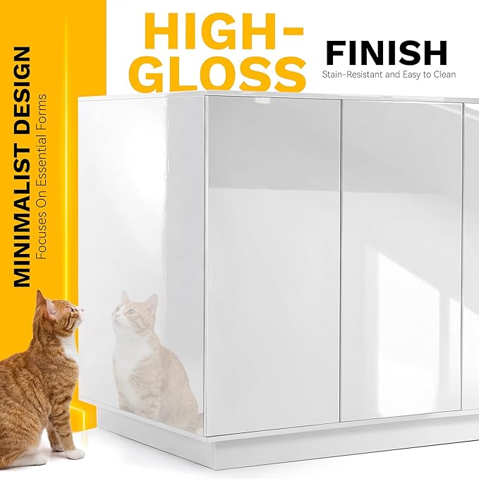 Large Hidden Litter Box Furniture with Led Light & Power Outlets, Modern Cat Litter-Box Enclosure for Self-Cleaning Litter Boxes, Indoor Wooden Storage Cat Cabinet, High-Gloss White
