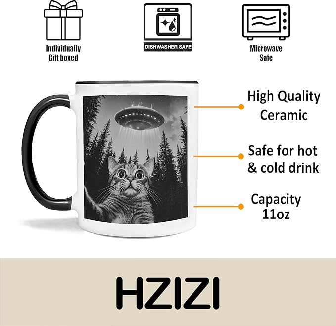 Funny Cat Selfie With UFO Alien Coffee Mug - Gifts for Cat Lovers, Mom, Dad, Owner, Lady - Birthday, Halloween, Christmas - Humor Sarcastic 11OZ Mug