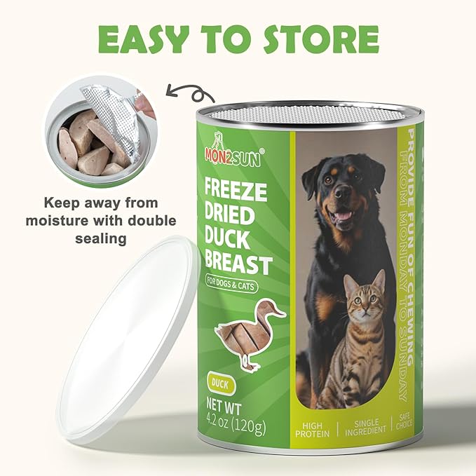 MON2SUN Freeze Dried Duck Breast Treats for Dogs & Cats - Whole Cut Chunks, Single Ingredient, High Protein, Grain Free Food Topper & Training Snacks, 9.2oz