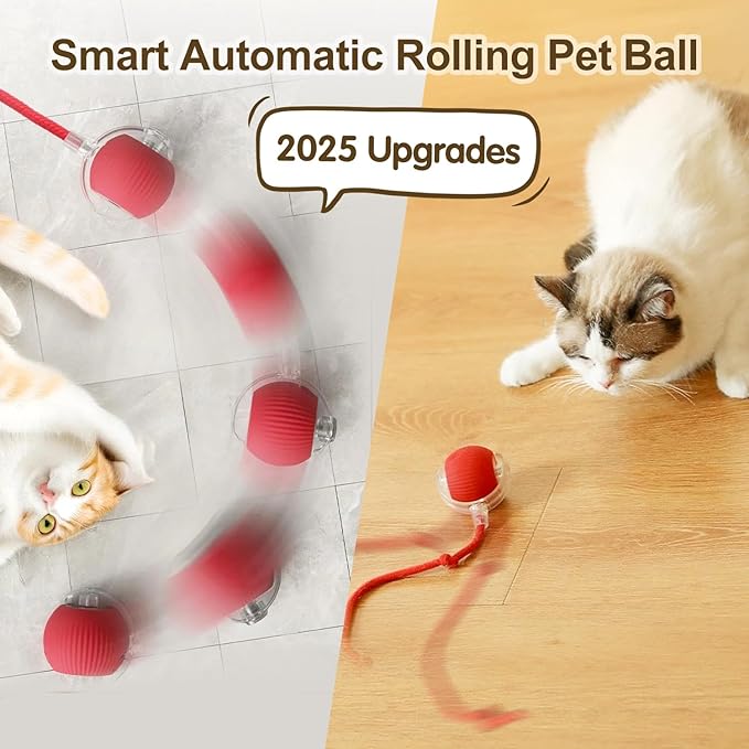 Interactive Cat Toys Ball for Indoor Cats, Interactive Rolling Dog Ball Cat Toy Automatic Cat Toy Self Moving Dog Toys, 360° Rolling Toy Electric Balls for Dog/Cat (Red)