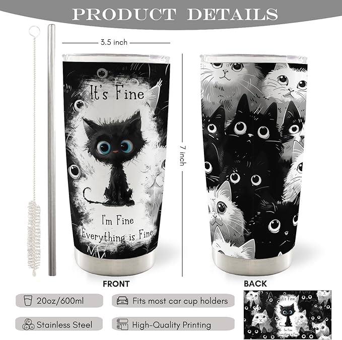 Cat Gifts for Cat Lovers, Funny Black Cats 20oz Travel Coffee Mug Tumbler, Im Fine Everythings Fine Stainless Steel Tumbler with Lid and Straw