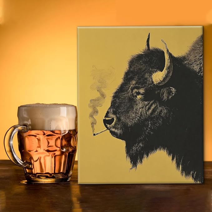 Whimsical Bison Wall Art Decor Vintage Black Bison Print Picture Retro Animal Wall Decor for Home Man Cave Living Room 8x10 Inch Canvas Framed