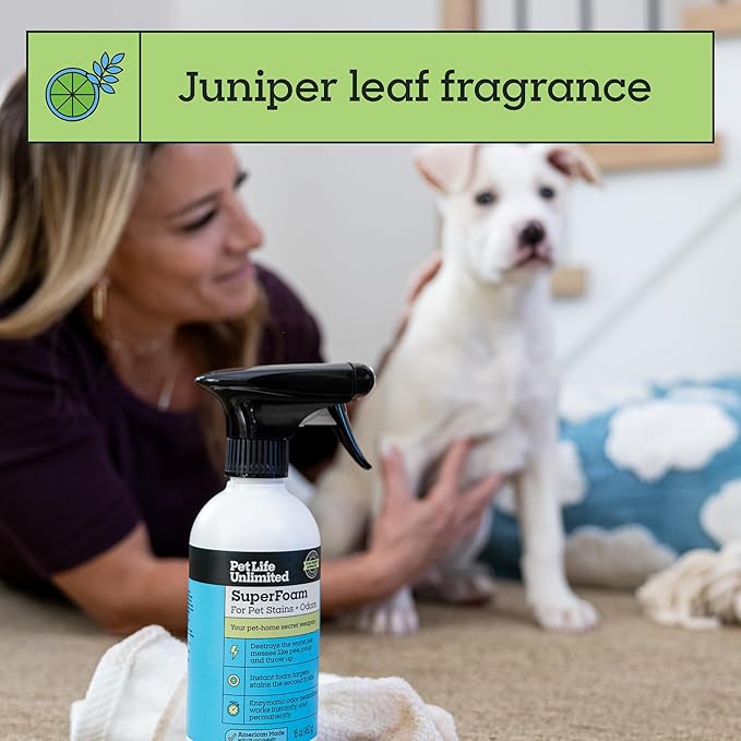 Pet Life Unlimited SuperFoam Spray, Carpet and Surface Cleaner for Dog Urine, 16 oz, Strong Odor & Stain Remover, Plant-Based Formula, Natural Juniper Leaf Scent, Two-Way Spray, USA Made (Pack of 1)