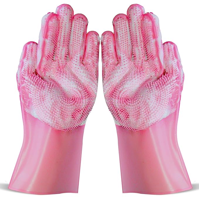 Dog Bath Gloves for Washing, Pet Grooming Gloves with Shampoo Brush, Dog Bath Brush for Dogs and Cats, Essential Dog Bath Supplies (1 Pair, Pink)