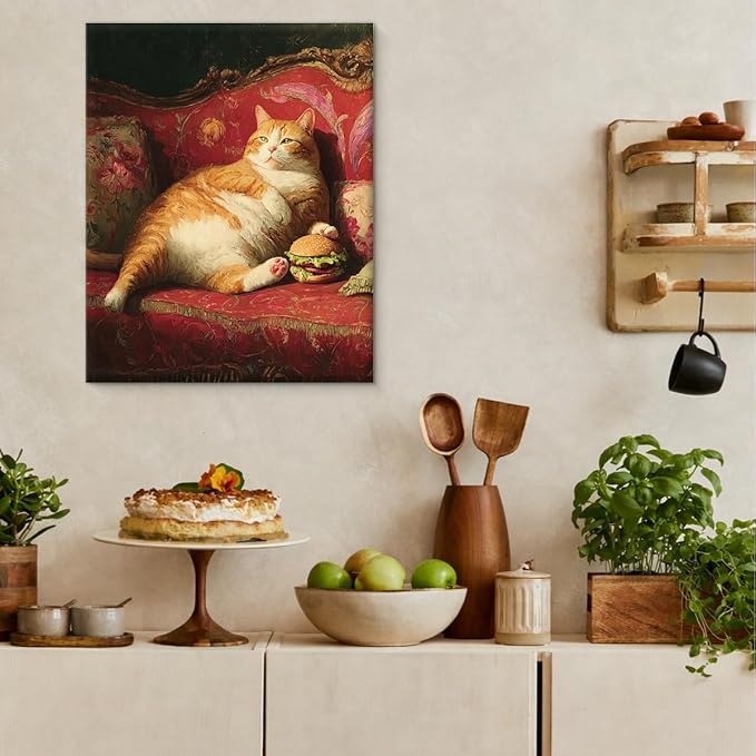 Vintage Fat Cat Wall Art Decor Funny Lazy Cat with Hamburger Print Picture Cat Lover Gifts Wall Decor for Home Living Room 8x10 Inch Canvas Framed