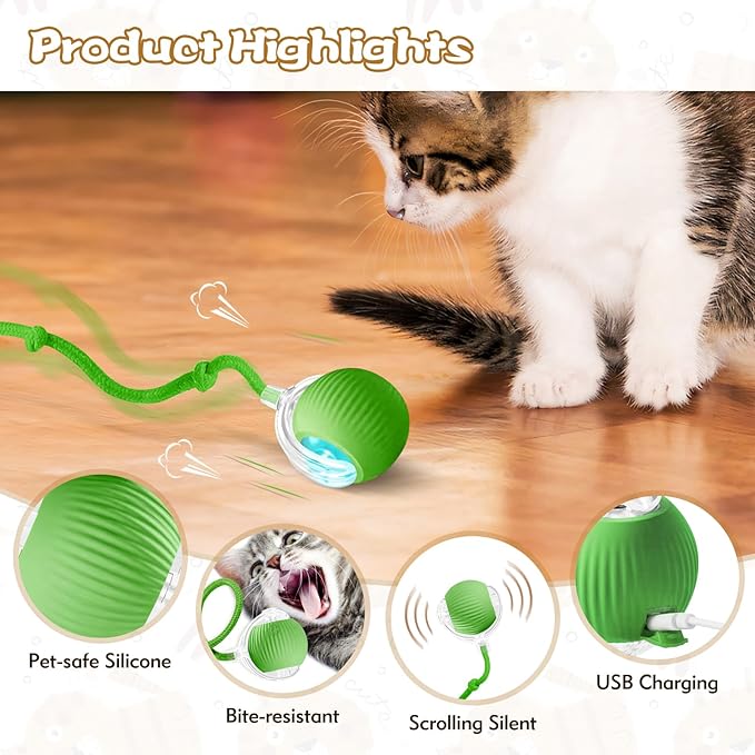 Interactive Cat Ball Toys for Indoor Cats, Upgraded Automatic Cat Toys for Bored Indoor Adult Kitty, Peppy Pet Ball for Cats, 360°Smart Rolling Kitty Balls Toy (Green)