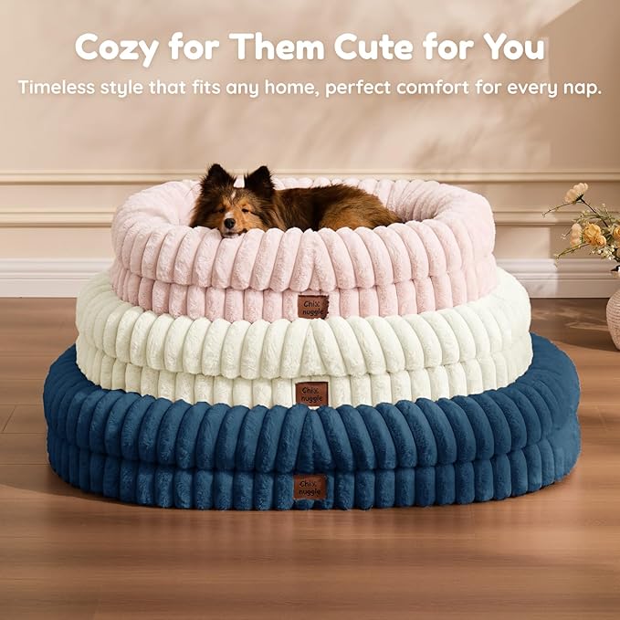 ChiXnuggle XL Dog Bed - Luxury Striped Faux Fur Waterproof Pet Couch with Removable Washable Cover, Orthopedic Dog Bed with Bolster Sides for Sleeping, Midnight Blue