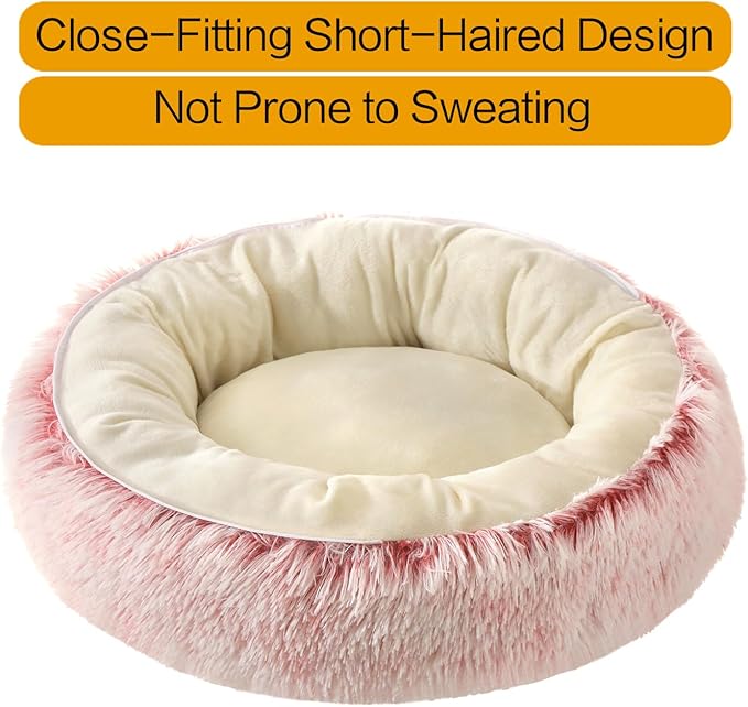 Calming Donut Dog Bed Cat Bed, Fluffy Long Fur Outer & Short Fur Inner, Sweat-Free Cozy Cuddler, Non-Slip Bottom,for Small Medium Dogs Cats Puppy Kitten (Donut Bed - Pink, Large Size 23.6 in)
