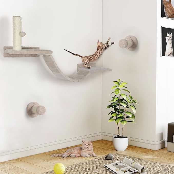 Cat Wall Shelves - 7 Pcs Luxury Wall-Mounted Cat Furniture Set, Including 2 Shelves, 2 Solid Wood Steps, 1 Bridge Ladder, 1 Sisal Scratcher Post, 1 Hanging Ball for Large Cats
