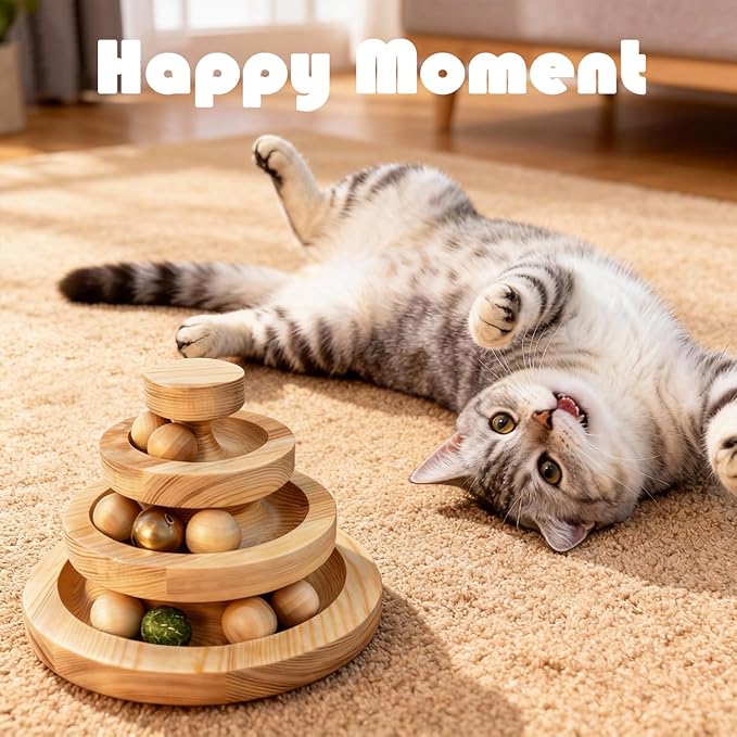 Cat Ball Track Toy with Catnip Ball and Metal Bell 3 Tier Cat Tower for Indoor Cats Wooden Interactive Cat Toy for Hunting Physical Exercise 9 Removable BallsPuzzle Kitten Toys