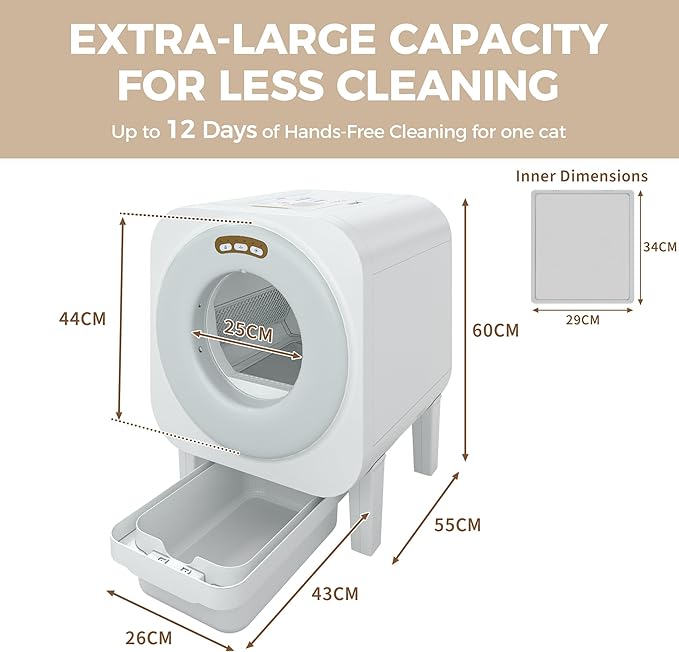 Automatic Cat Litter Box, 68L Self Cleaning Litter Box with APP Control, Dual Safety Protection and Odor Removal for Multiple Cats, White