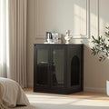 Cat Litter Enclosure with Cat-Viewing Glass Doors, Litter Cabinet with Power Outlet and Cozy LED Lights, Reversible and Optional Entry, Black