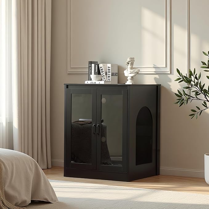 Cat Litter Enclosure with Cat-Viewing Glass Doors, Litter Cabinet with Power Outlet and Cozy LED Lights, Reversible and Optional Entry, Black