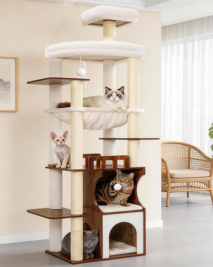 Gitelsnour Cat Tree, 70.9 Inch Wood Cat Tower for Large Cats Adult, Modern Cat Furniture with Double-Layer Wooden Cat Condo, 2 Platforms, Large Hammock and Scratching Posts, Rustic Brown GCT102SR