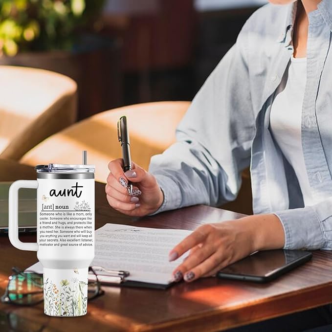 40oz Aunt Tumbler with Lid and Straw, Auntie Cups Travel Mug Butterfly Gifts, Aunt Gifts from Niece Nephew, Auntie Birthday Gift Drinking Coffee Cup
