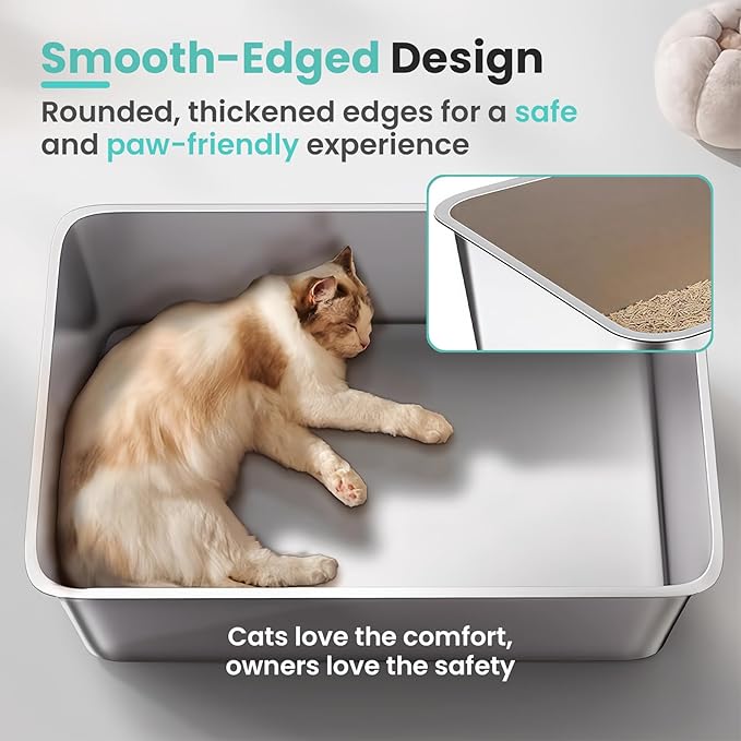 Extra Large Stainless Steel Cat Litter Box, 23.6”x15.8”x6” Metal Litter Box with High Sided for Small Big Cats, Odor Free Kitty Litter Tray, Non Sticky Indoor Litter Pan, XL