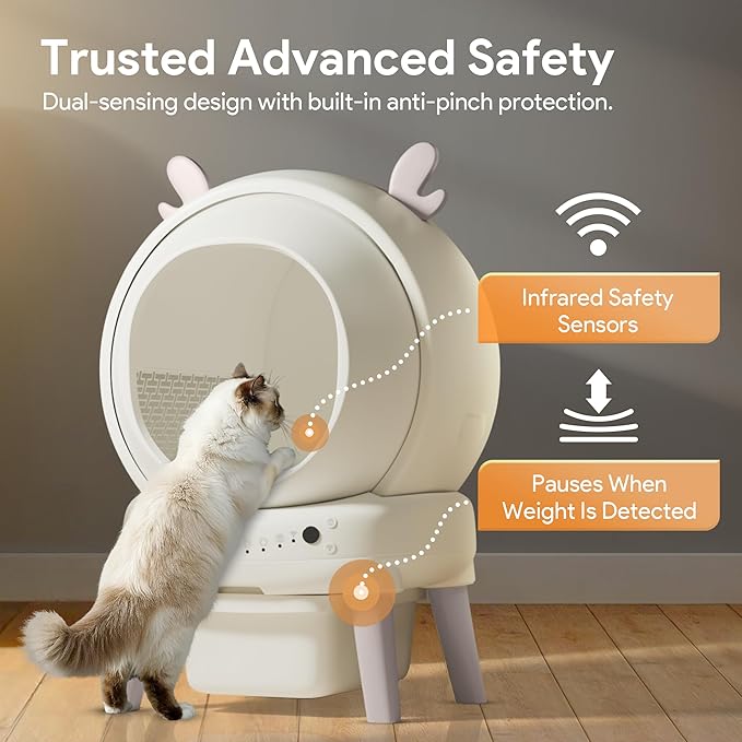 Self Cleaning Litter Box, Automatic Litter Box with Odor Control for Multiple Cats, Cute Ear Shaped Design, Large Capacity with Smart Real-Time App Monitor and Safety Sensors