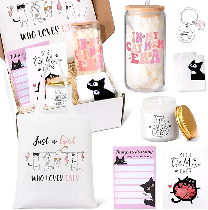Cat Lover Gifts for Women, Cat Mom Gifts, Cat‘s Themed Gift for Christmas Mother's Day Birthdays, Gift for Cats Lovers for Crazy Cats Lady Mom Daughters with Canvas Bag Glass Cup Scented Candle Socks