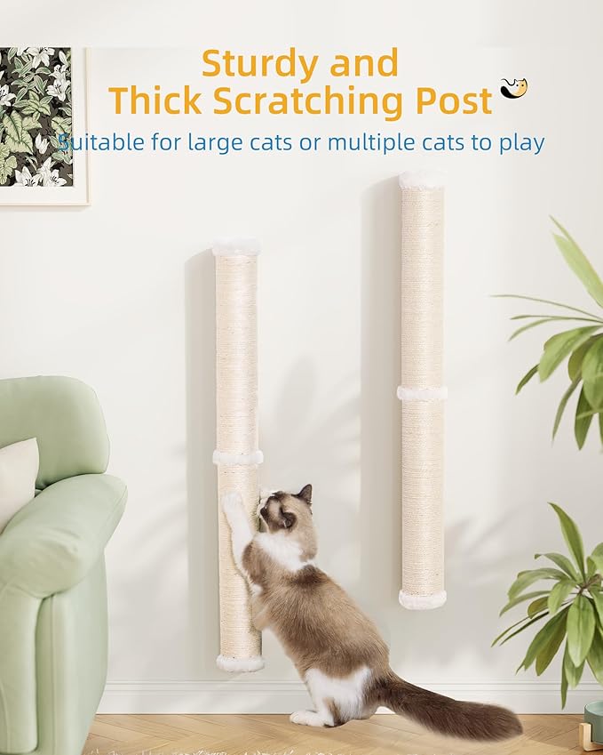 Aechonow 68" Cat Wall Scratcher, 2-Pcs of 34inch Tall Sisal Scratching Post, Wall Mounted Cat Pole for Indoor Large Adult Cats Climb Stretch Play