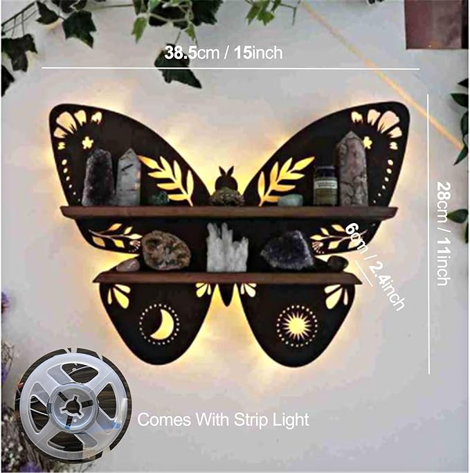 Crystal Display Shelf Wall Moon Shelves Luna Moth Hamsa Hand Holder Floating Wall Mounted Decorative Crystal Shelf (Butterfly-38.5 * 28cm/15 * 11inch)