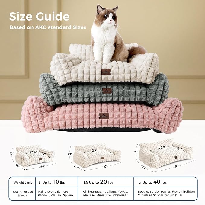 Cute Small Dog Couch Bed – Supportive & Fluffy Pet Sofa with Faux Rabbit Fur Washable Cover in 3D Diamond Pattern, 30" Grey