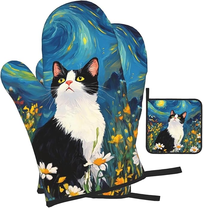 Funny Black Cat Oven Mitts and Hot Pads Set of 3, Abstract Cute Kitchen Mitts and Hot Pads for Baking Cooking Grilling BBQ, Kitchen Baking Gifts for Cat Lover Women Chef Baker