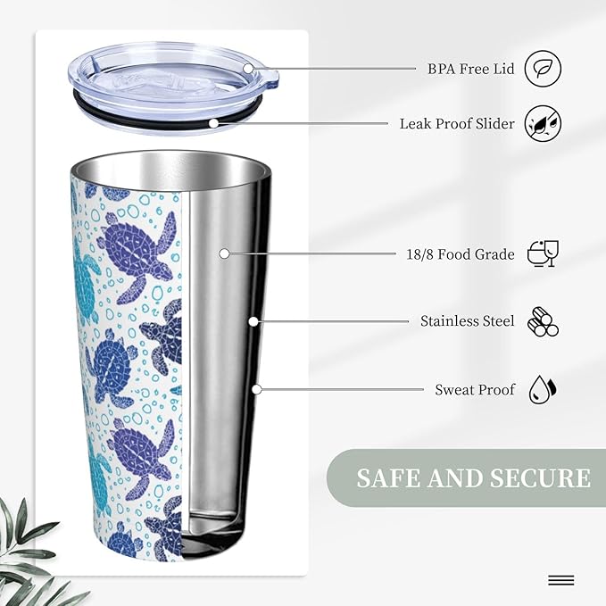 Sea Turtle Tumbler 20oz Turtles Stainless Steel Insulated Tumblers with Lid and Straw Animal Travel Coffee Mug Tea Wine Cups Water Bottle Ocean Gifts for Women Turtle Lover