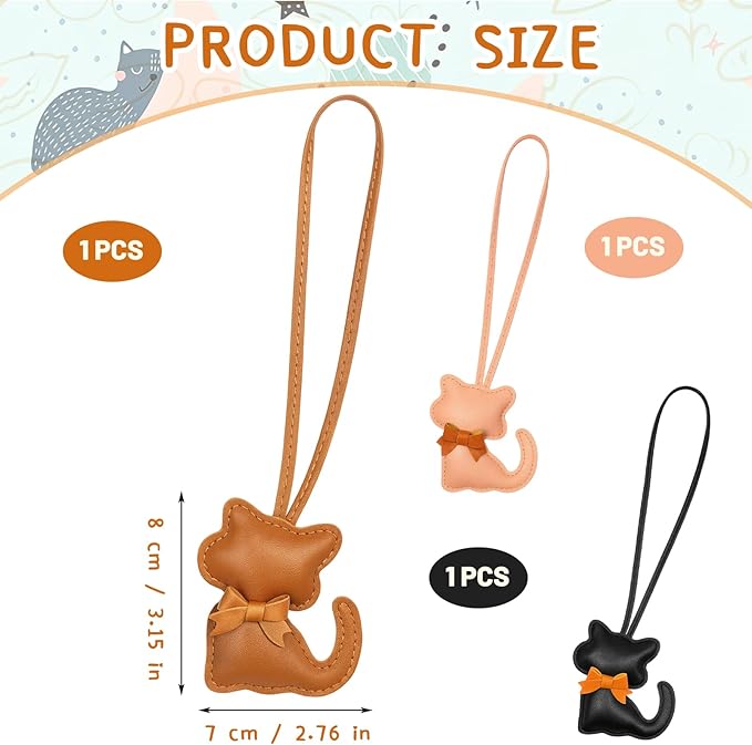 CZFSWT 3PCS Cat Bag Charm Set, Purse Charm, Leather Bag Charms Suitable for Handbags, Backpacks and Keys, Gift for Cat Lovers