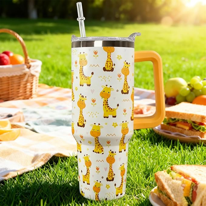 Ceovfoi 40 Oz Giraffe Tumbler With Lid and Straw, Stainless Steel Insulated Coffee Travel Mug, Giraffe Gifts for Lovers, Safari Decor Accessories