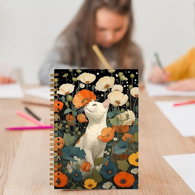 Vintage Floral Cat Notebook, Colorful Cottagecore Wildflower Botanical White Cat Journal for Writing, Cats Mom Lovers Gifts for Women, Spiral Notebook 5.5x8.3 Inch