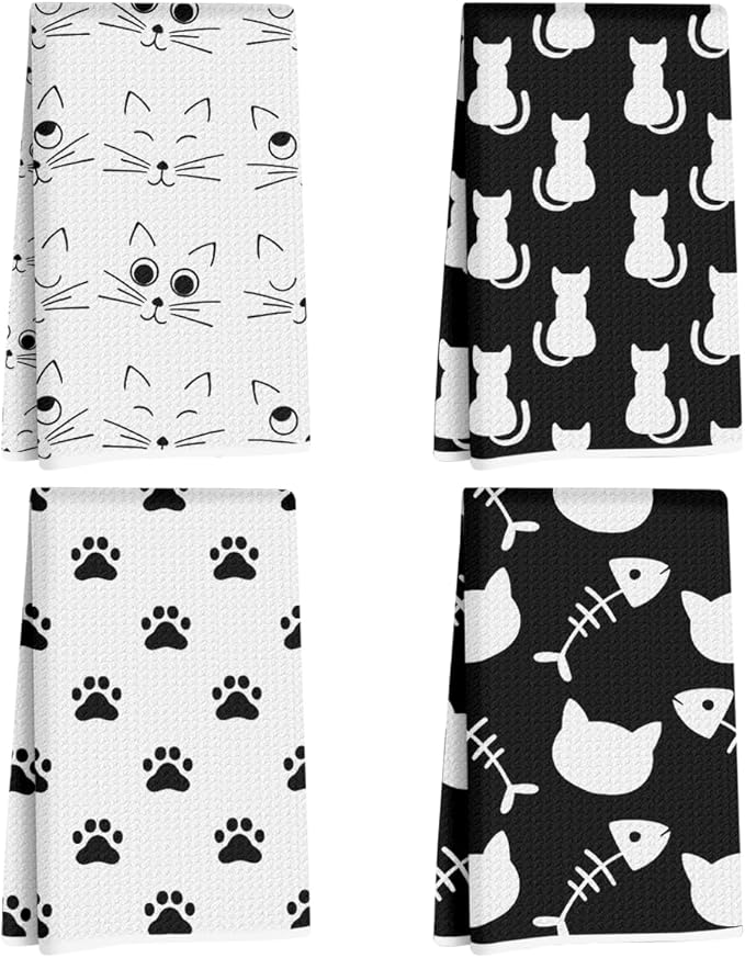 Lovdazzles 4 Pcs Cute Cat Kitchen Towels, Cat Paw Decorative Absorbent Microfiber Dish Cloth Tea Towel, Cats Waffle Soft Hand Towels for Farmhouse Home Bathroom Kitchen Decor, Cat Lover Gifts
