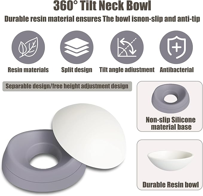 French Bulldog Food Bowl- Slanted Tilted Pug Food Water Bowl,Cat Bowl- Feeder for Frenchie/Shih Tzu/Flat Faced Small Dogs/Puppies/Cats (Grey, 2 Cup)