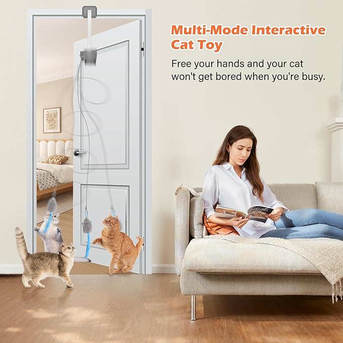 Rechargeable Electric Cat Teaser with Remote – Interactive Door Clip Teaser for Cats, 2 Motion Modes (360° Spin & Irregular Jumping), Smart Auto Cat Toy for Exercise & Fun (Gray)