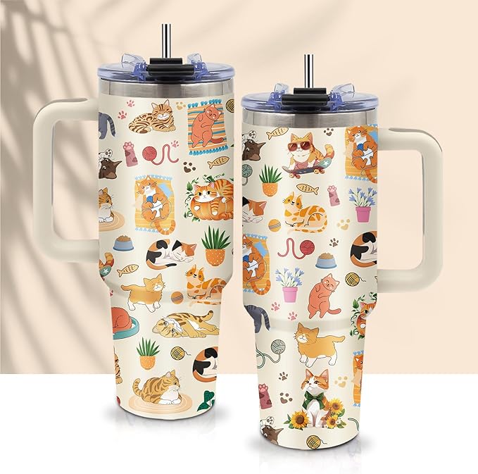 Orange Cat Tumbler 40oz with Handle - Funny Cat Lady Gifts for Women, Insulated Travel Coffee Mug, Cute Kitty Cup for Cats Lovers Mom, Christmas Birthday Present