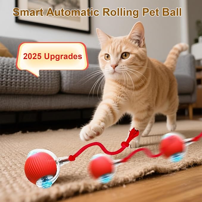 Interactive Cat Toy, 2025 New Interactive Rolling Cats Toy Balls 360° Smart Automatic Rolling Pet Ball, Fast Moving Toy for Dog,Cat Ball Toy (Red)