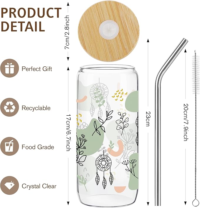 Joeyan Glass Cup with Lid and Straw, 20oz Iced Coffee Cup, Boho Dreamcatcher Floral Pattern Tumbler, Aesthetic Drinking Glasses for Smoothie Boba Tea, Bohemian Mothers Day Gift for Women Mom Friend