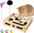 Interactive Wooden Cat Puzzle Toy for Indoor Cats Felt Maze Box with 3 Balls & 2 Cats Teasers, Cats Nail File Enrichment Box Hunting Exercise Toy for Kittens, Stimulating Cat Energy and Instincts