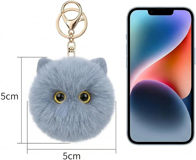 Cute Blue Cat Plush Keychain - Kawaii Ocean Cat Pom Pom Bag Charm, Cool Keychain for Backpack Purse, Gift for Boys Girls Women