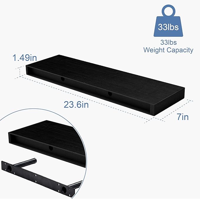 Floating Shelves for Wall, Bathroom Shelves Over Toilet, Wall Shelves & Book Shelf for Room, Hanging Shelf, Modern Wooden Mounted Floating Shelves, 24x7x1.5 in (Black, Set of 3)