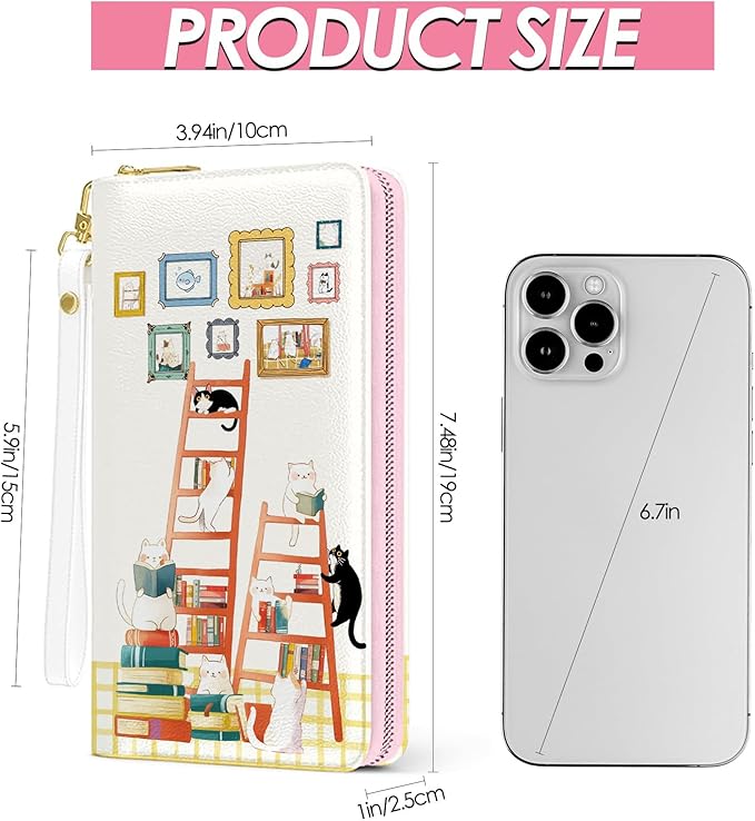 Cat Womens Wallet, Cats Wristlet Wallet For Women, Cute Cats Card Holder Purse With Zipper, Birthday Christmas Graduation Gifts For Cat Lovers Readers, Aesthetic Office Daily Purse