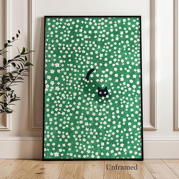 Black Cat Canvas Wall Art, Cute Cat In Daisies Meadow Aesthetic Poster, Adorable Animal Picture Rich Green Print Painting for Bedroom, Nursery Wall Decor Pet Lover Gift 16x20in Unframed
