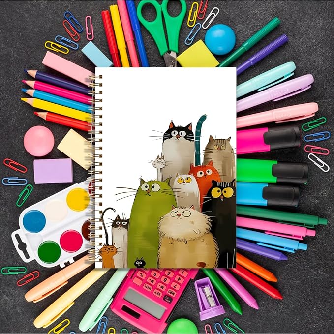 LONGXIN Whimsical Cartoon Cat Notebook Journal Cat Lover Gifts for Women Girls Cute Hardcover Spiral Notebook 5.8x8.3