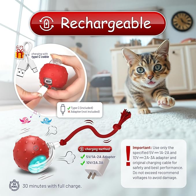 Interactive Cat Toys for Indoor Cats, 360° Smart Automatic Rolling Pet Ball, Rollie Pet Cat Toy, Electric Rolling Ball Dog Toy, Moving Cat Ball with Mesh Tail, Interactive Dog Toys for Small Dogs-Red