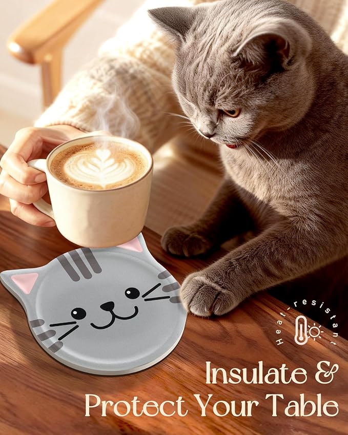 Oqplog Cat Drink Coasters for Cat Lovers Gifts Desk Coffee Table Set of 6-Funny Ceramic Cup Holder Coaster for Home Office Cute Decor Accessories for Women Family