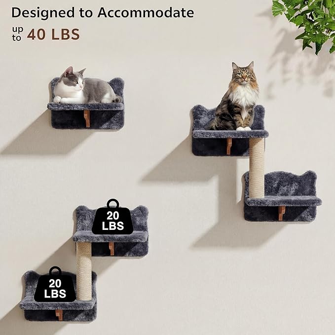 Cat Wall Shelves, Wall Mounted Cat Shelf Furniture with Plush Fabric(16 Piece Set), Cats Furniture with 40''L Tunnel, Condos, House, Steps, Bridge Ladder and Scratching Post, Grey