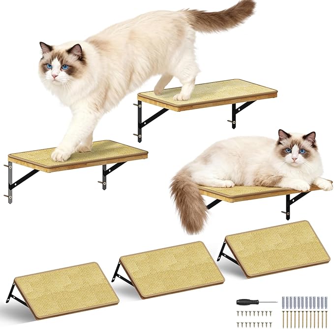 3Pcs 16.5"×10" Large Cat Wall Shelves - Wall Mounted Cat Shelves, Natural Wood with Fixtures for Large Cats and Kittens for Household Pets Sleeping, Playing, Climbing